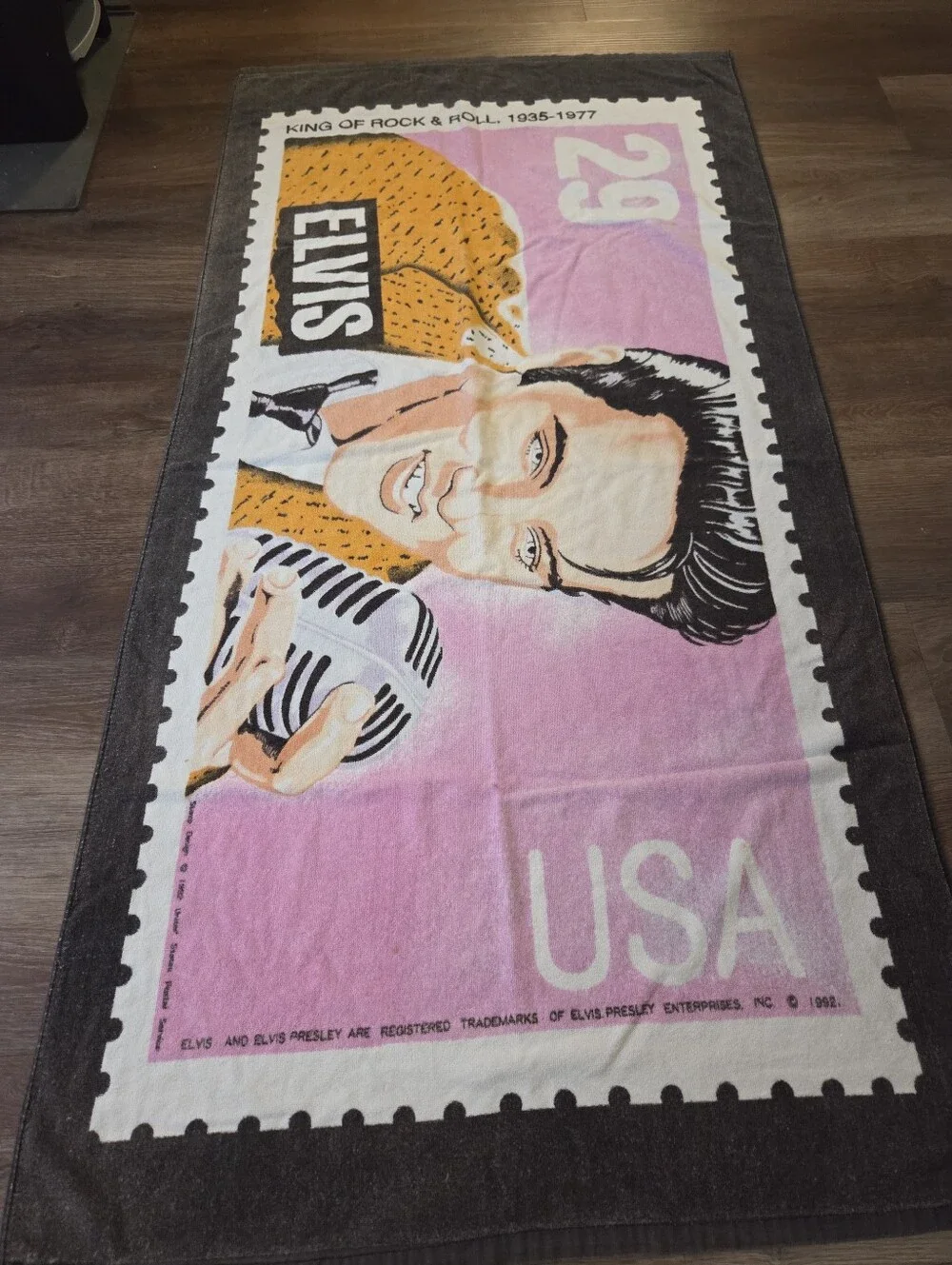 Vintage 1992 Elvis Presley Beach Towel 29 cent Postage Stamp Graphics